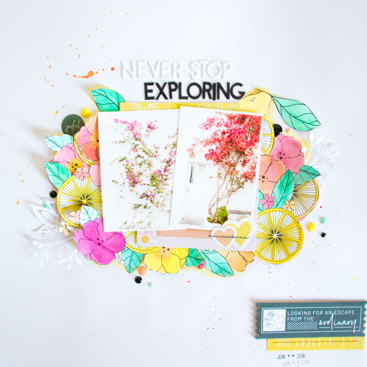 Never Stop Exploring by ScatteredConfetti. // #scrapbooking #pinkfreshstudio #watercolors