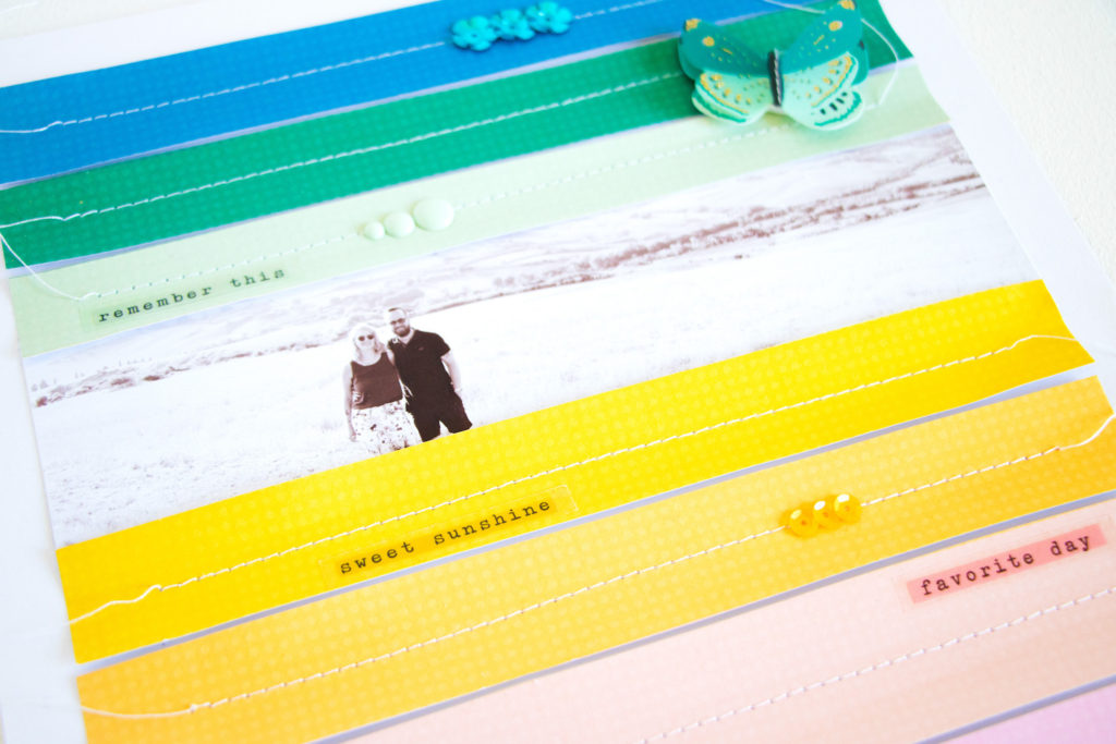 Rainbow Strips Layout by ScatteredConfetti. // #scrapbooking #cratepaper #maggieholmes